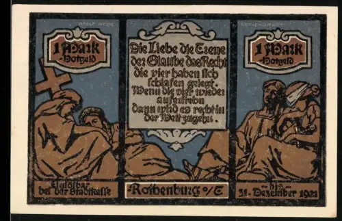 Notgeld Rothenburg /T 1921, 1 Mark, Ortsansicht und Allegorien der Tugenden