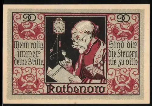 Notgeld Rathenow, 90 Pfennig, älterer Mann mit Brille und Ortsansicht mit Kirche