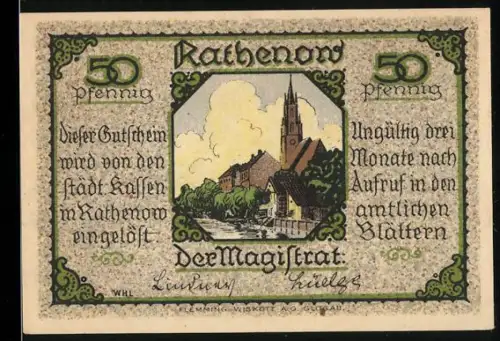 Notgeld Rathenow, 50 Pfennig, Kirche und Reiter mit Säbel