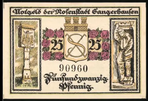 Notgeld Sangerhausen 1921, 25 Pfennig, Jakobsbrunnen und Reliefs, Rosenmotiv, Ortsansicht mit Turm