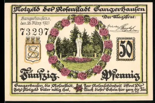 Notgeld Sangerhausen 1921, 50 Pfennig, Rosenkranz und Stadtansichten mit Brunnen und Türmen