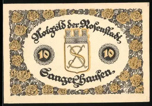Notgeld Sangerhausen 1921, 10 Pfennig, Ortsansicht und Rosenmuster