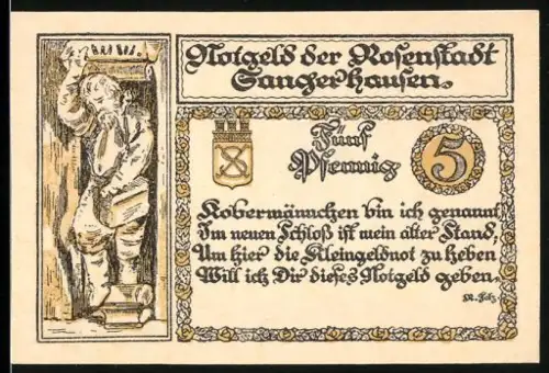Notgeld Sangerhausen 1921, 5 Pfennig, Wächterfigur und Stadtszenen mit Türmen und Rosendekor