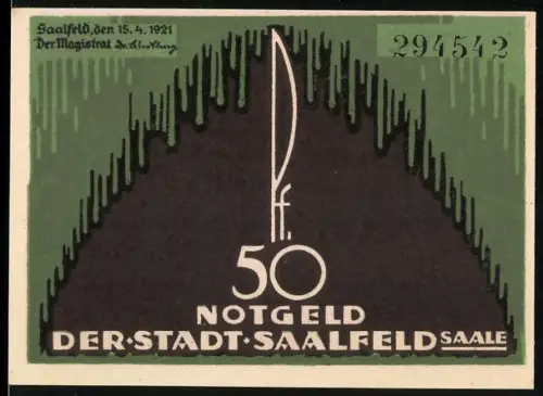 Notgeld Saalfeld /Saale 1921, 50 Pf, stilisierte Gebäude und Rathaus mit Wappen