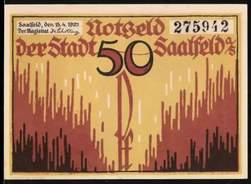 Notgeld Saalfeld a. S. 1921, 50 Pf, Der Hohe Schwarm mit Wappen und stilisierten Flammen