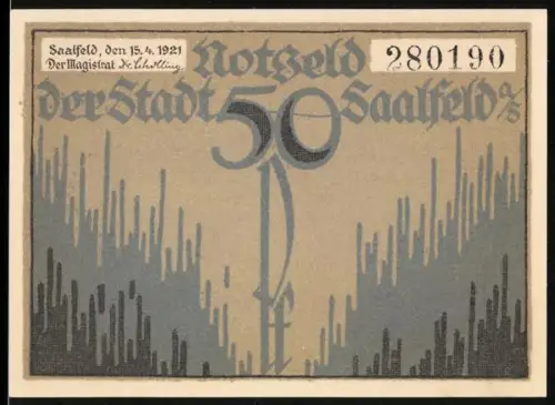 Notgeld Saalfeld /Saale 1921, 50 Pfennig, Motiv: Stalagmiten und Stalaktiten in einer Grotte, Wappen von Saalfeld