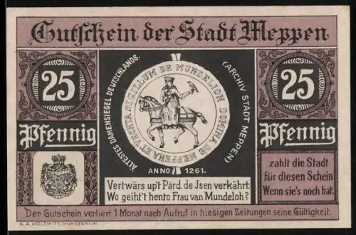 Notgeld Meppen 1921, 25 Pfennig, Reiter und Ortsansicht mit historischem Gebäude und Wappen