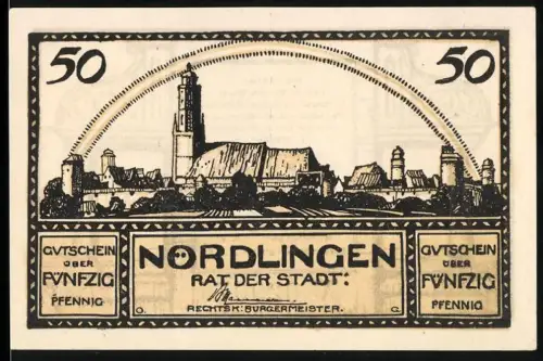Notgeld Nördlingen 1920, 50 Pfennig, Ortsansicht mit Kirche und lyrischem Text
