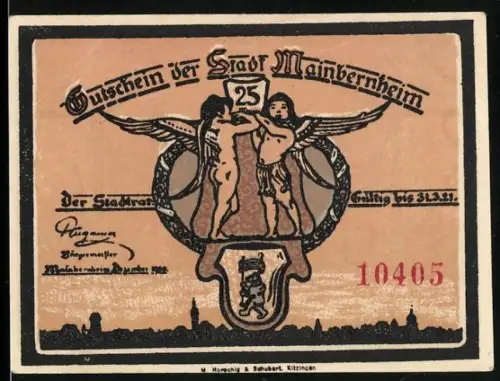 Notgeld Mainbernheim 1921, 25 Pfennig, Engel mit Wappen und Stadtsilhouette mit Menschenansammlung