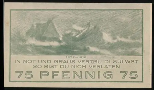 Notgeld Niendorf 1921, 75 Pfennig, Seesturm mit Spruch In Not und Graus vertru di Süluest
