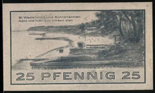 Notgeld Niendorf 1921, 25 Pfennig, Küstenlandschaft mit Schiff und Bäumen