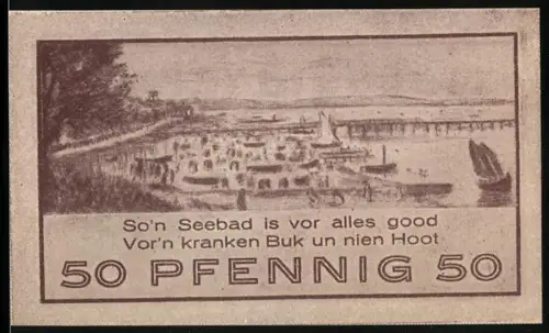 Notgeld Niendorf 1921, 50 Pfennig, Küstenansicht mit Booten und Steg