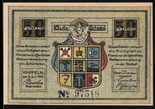 Notgeld Kappeln 1920, 50 Pfennig, Wappen und Fischerboote am Ufer