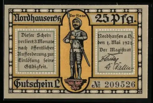 Notgeld Nordhausen a.H. 1921, 25 Pf, Der Riese und alte Stadtbefestigung am Primariusgraben
