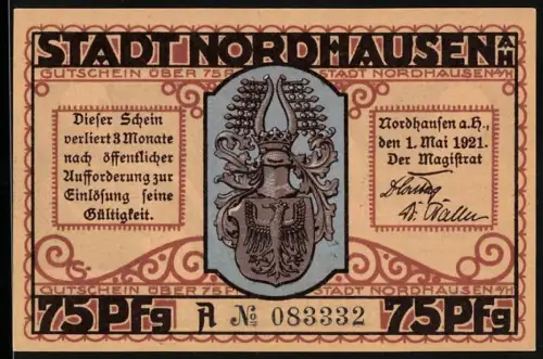 Notgeld Nordhausen a.H. 1921, 75 Pf, Wappen und Skelett mit Sense und Mann im Fass