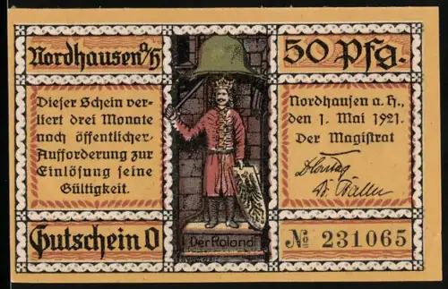 Notgeld Nordhausen a. H. 1921, 50 Pfennig, Rolandstatue und Finkenburg mit Vögeln