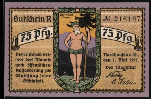Notgeld Nordhausen a. H. 1921, 75 Pf, Der wilde Mann, Tannenwald und Ortsansicht