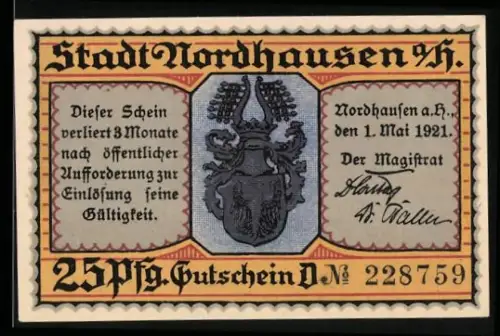 Notgeld Nordhausen a. H. 1921, 25 Pfennig, Wappen und Essensszene mit Trinkspruch