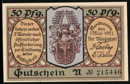 Notgeld Nordhausen a. H. 1921, 50 Pfennig, Wappen und fröhlicher Mann mit Pfeife