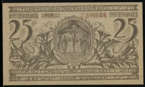 Notgeld Oberammergau 1921, 25 Pfennig, Passionsspiel-Szene und Dorflandschaft mit Musikanten und Bauern