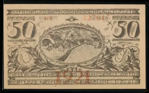 Notgeld Oberammergau 1921, 50 Pfennig, Ortsansicht und religiöse Szene mit Porträts