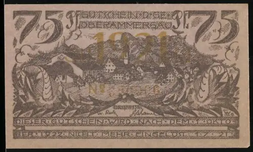 Notgeld Oberammergau 1921, 75 Pfennig, Ortsansicht und Tänzer am Baum