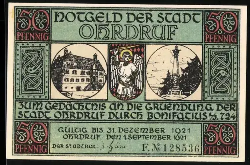 Notgeld Ohrdruf 1921, 50 Pfennig, Ortsansicht und Engel mit Stadtwappen