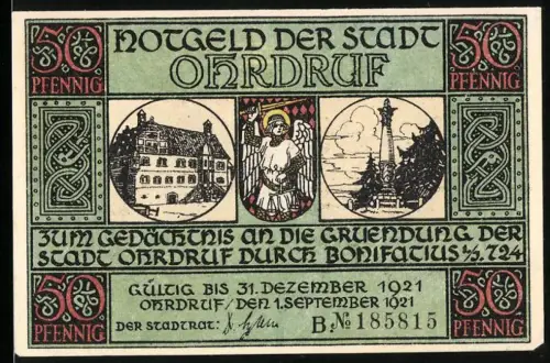 Notgeld Ohrdruf 1921, 50 Pfennig, Gründung Ohrdruf durch Bonifatius, Lager an der Ohra