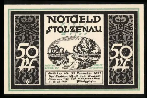 Notgeld Stolzenau /Weser 1921, 50 Pf, Flusslandschaft und Wilhelm Busch Karikatur
