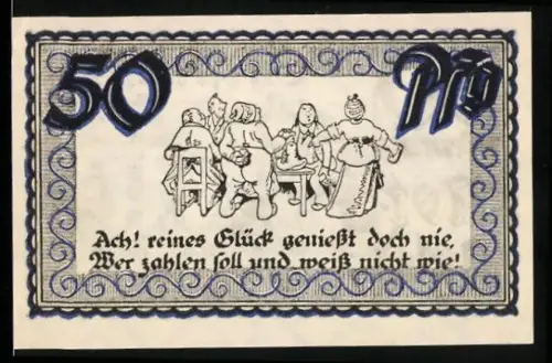Notgeld Stolzenau /Weser 1921, 50 Pfennig, Altes Schloss mit Reim und Versammlungsszene