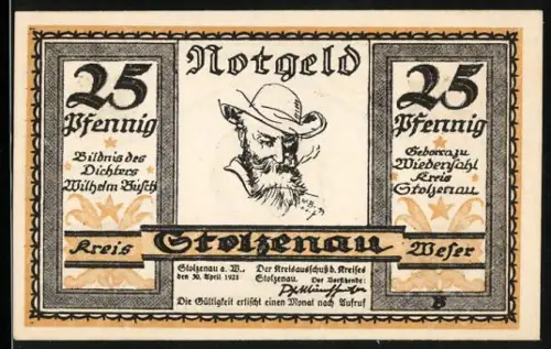 Notgeld Stolzenau /Weser 1921, 25 Pfennig, Bildnis des Dichters Wilhelm Busch und Spruchband mit Charakterkopf