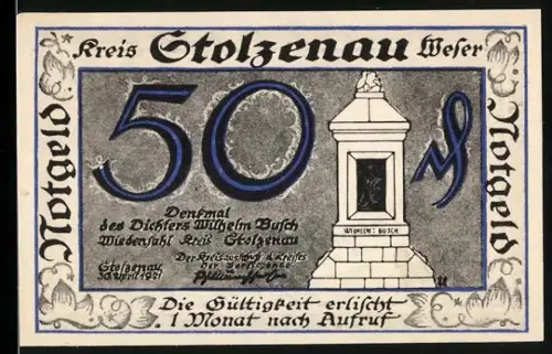 Notgeld Stolzenau /Weser 1921, 50 Pfennig, Wilhelm-Busch-Denkmal und Mann mit Weinglas