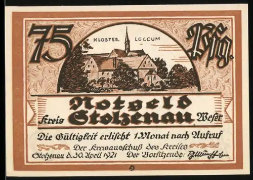 Notgeld Stolzenau /Weser 1921, 75 Pfennig, Klosteransicht und Wilhelm Busch Zitat