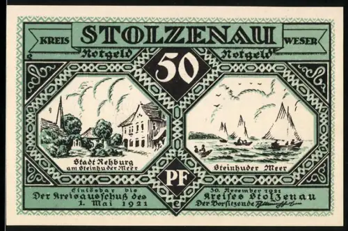 Notgeld Stolzenau /Weser 1921, 50 Pfennig, Stadt Rehburg und Steinhuder Meer Szenen