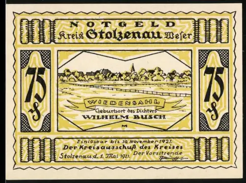 Notgeld Stolzenau /Weser, 75 Pfennig, Ortsansicht Wiedensahl, Geburtshaus Wilhelm Busch, humorvolle Szene