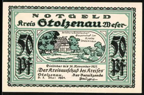 Notgeld Stolzenau /Weser 1921, 50 Pf, niedersächsischer Bauernhof und Tischgesellschaft mit Spruch