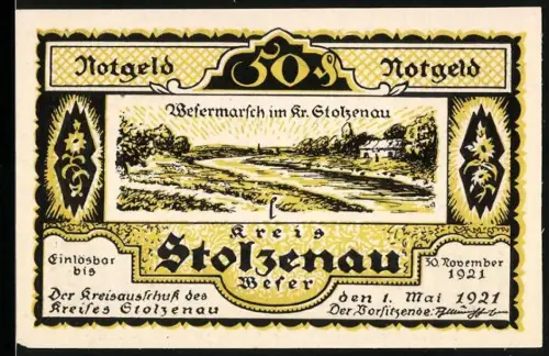 Notgeld Stolzenau /Weser 1921, 50 Pfennig, Wesermarsch-Landschaft und Zitat von W. Busch