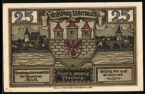 Notgeld Strasburg /Uckermark 1921, 25 Pfennig, Ortsansicht und Rathaus mit Wappen