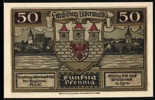 Notgeld Strasburg i. d. Uckermark 1921, 50 Pfennig, Stadtwappen und Gebäudeansicht