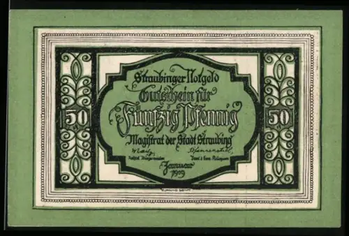 Notgeld Straubing 1922, 50 Pfennig, Bruder Straubinger mit städtischem Hintergrund und Ornamenten