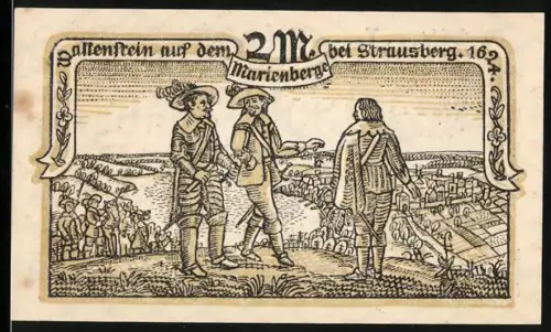 Notgeld Strausberg 1921, 2 Mark, Wallenstein auf dem Marienberge, Ortsansicht und Wappen mit Strauss