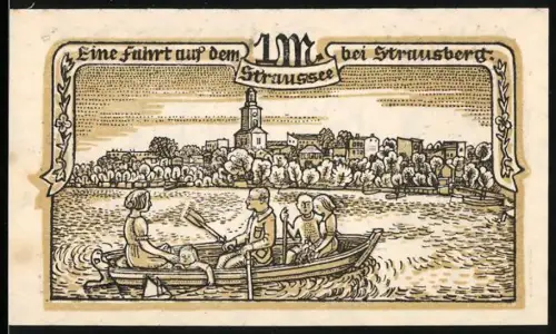 Notgeld Strausberg 1921, 1 Mark, Bootsfahrt auf dem Straussee und Stadtwappen mit Strauss