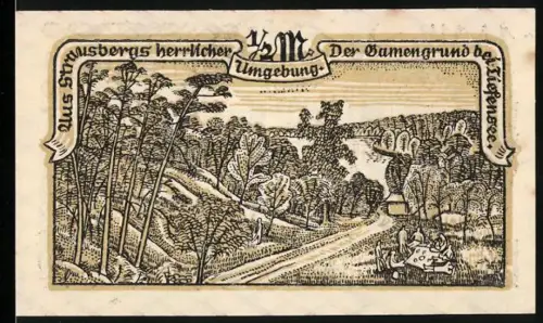 Notgeld Strausberg 1921, ½ Mark, Waldlandschaft und Wappen mit Storch