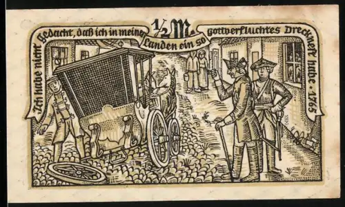 Notgeld Strausberg 1921, 1/2 Mark, Pferd und Kutsche auf Kopfsteinpflaster, Wappen mit Vogel