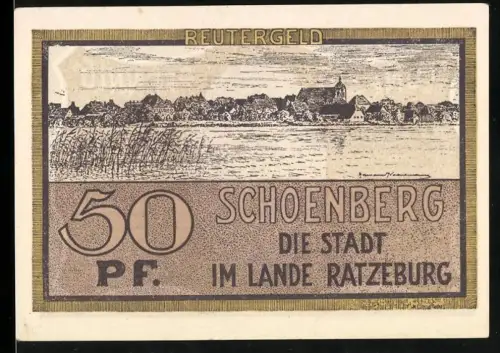 Notgeld Schönberg i. M. 1922, 50 Pf, Ortsansicht und Turm-Motiv