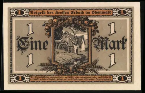 Notgeld Erbach i. Odw. 1918, 1 Mark, Bauernhof und Erntearbeiterin mit Getreidebündeln