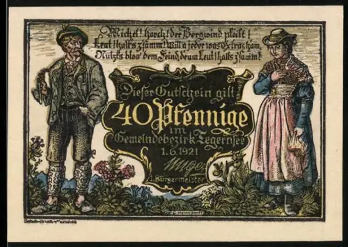 Notgeld Tegernsee 1921, 40 Pfennig, Trachtenfiguren und Landschaft mit See und Gebäude