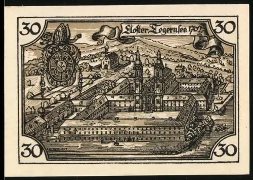 Notgeld Tegernsee 1921, 30 Pfennig, Kloster Tegernsee 1762 mit Adalbert und Otkar Huosi