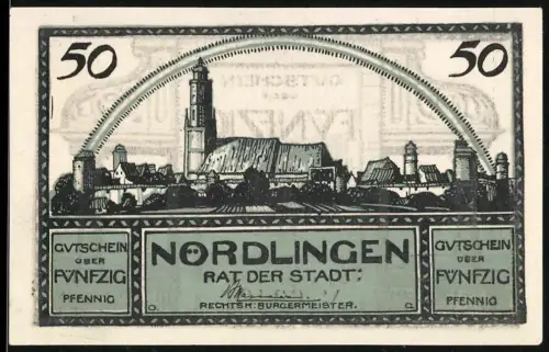 Notgeld Nördlingen 1920, 50 Pfennig, Ortsansicht mit Turm und dekoratives Tor