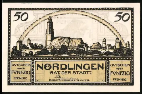 Notgeld Nördlingen 1920, 50 Pfennig, Ortsansicht mit Stadtmauer und Kirche